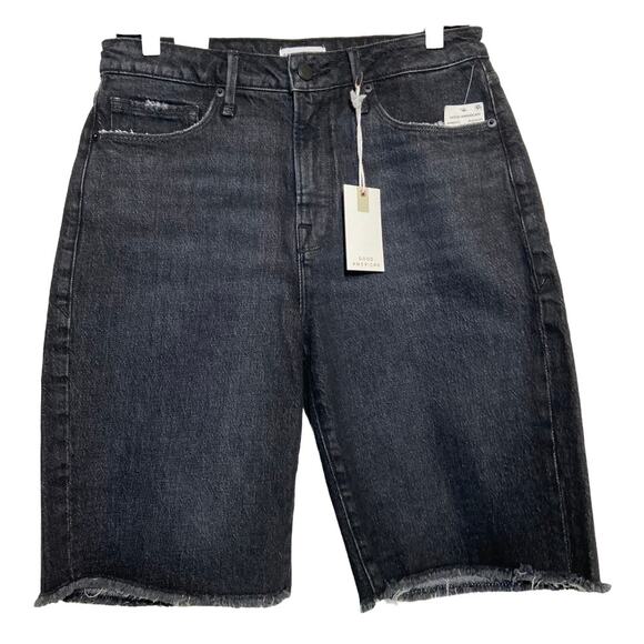 Good American Good 90's Bermuda Shorts Fitted Waist Raw Hem Black227 0/25 NWT - Picture 3 of 7